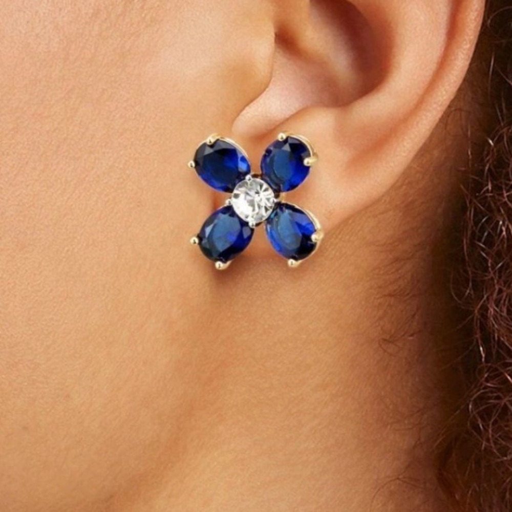NIP Tory Burch Buddy Clover Stud Earring Sapphire Stone/Gold